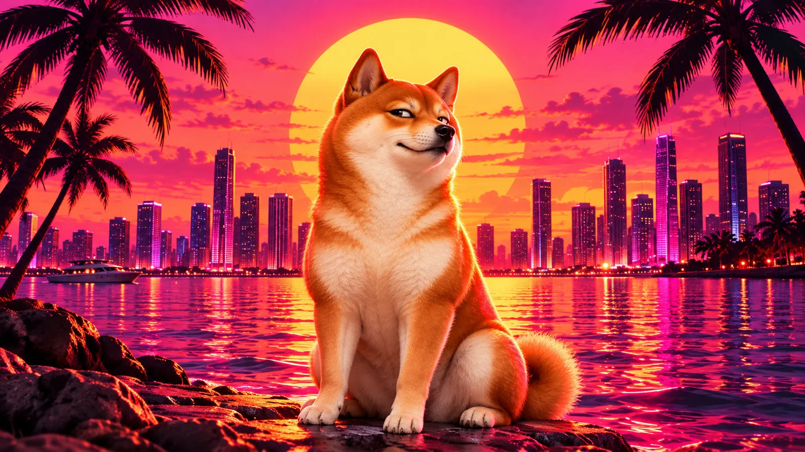 A smug orange shiba sitting on the rocks in front of a sunset waterfront skyline, palm trees on both sides and the sun placed directly behind his head, which he insists was a coincidence.